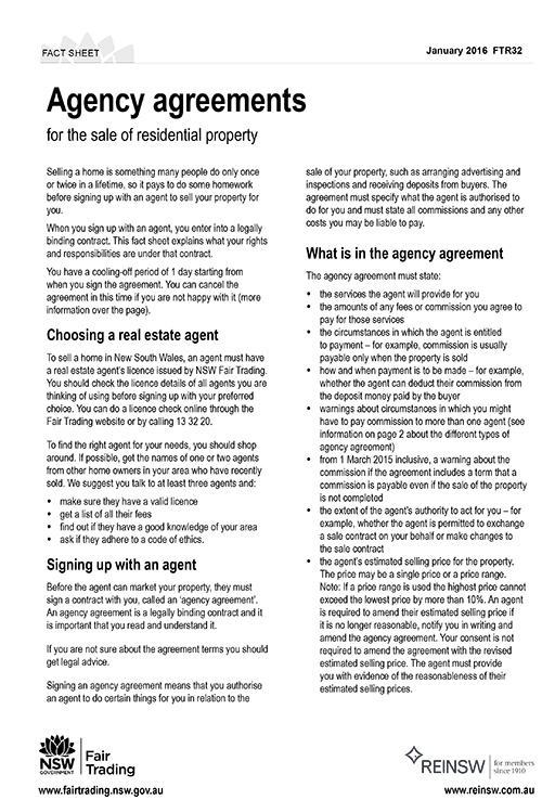 FTR0032: NSW Fair Trading factsheet  - Agency agreement